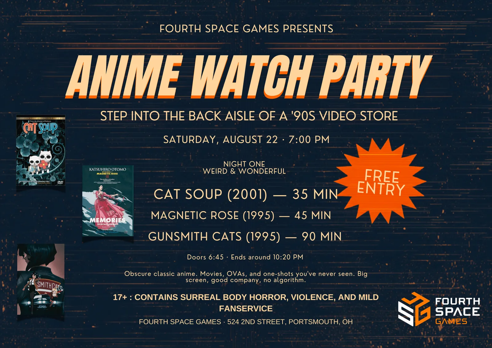 Anime Watch Party — Night One: Weird & Wonderful. Saturday, August 22, 7:00pm. Cat Soup, Magnetic Rose, Gunsmith Cats. Free entry, 17+.